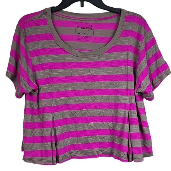 Free People Super Soft Crop Top Pewter Purple Striped Pleated T-Shirt Casual Tee - Picture 1 of 10